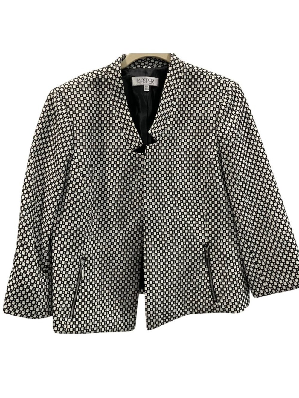 Vintage 90s Kasper Geometric Open Front Blazer 14P Black Career Minimalist Retro
